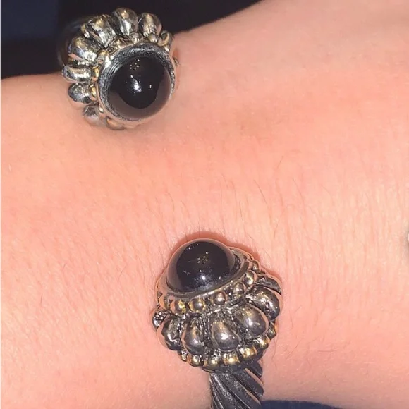 Cable Silver Bracelet Black Stone Gold Bead Tone Accent Adjustable Wrist Jewelry - Picture 10 of 10